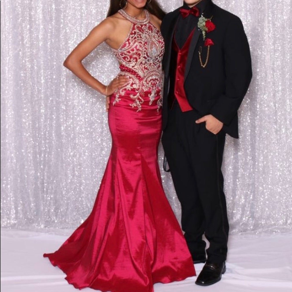 Red and gold prom dress